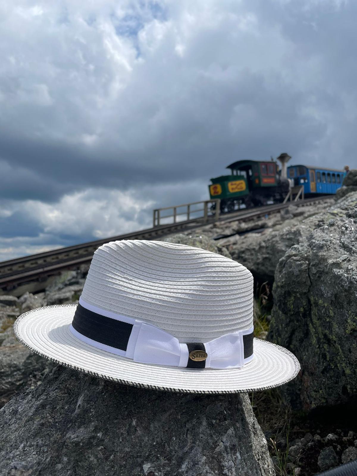 White SAPPA hat with a black band and white bow in front of a mountain train